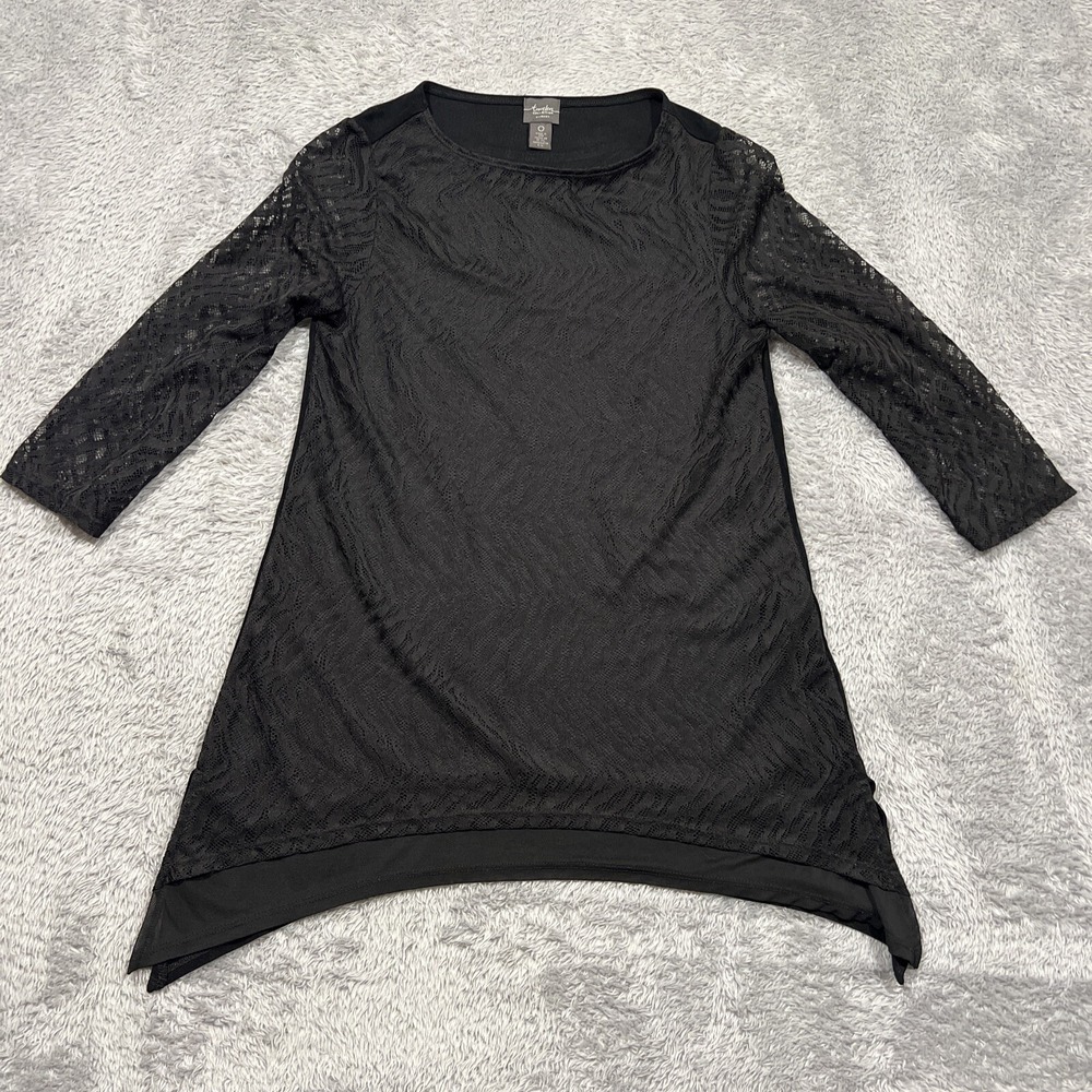 Chico's Travelers Tunic Lace Sharkbite Hem 3/4 Sleeve Black Womens Size 0 Small